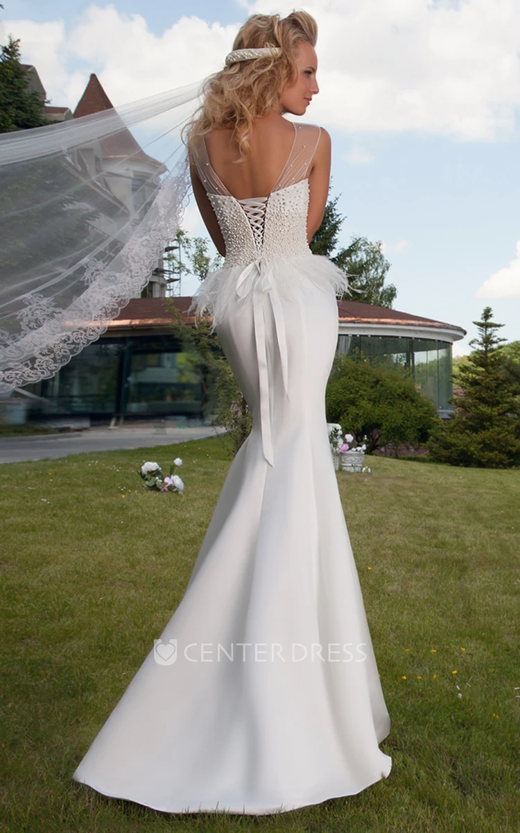 Jewel Floor-Length Beaded Jersey Wedding Dress With Lace Up