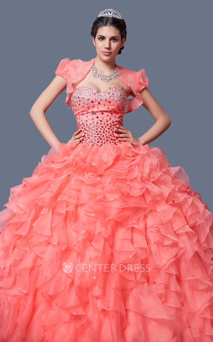 Sweetheart Organza Quincenera Gown With Ruffles and Beading