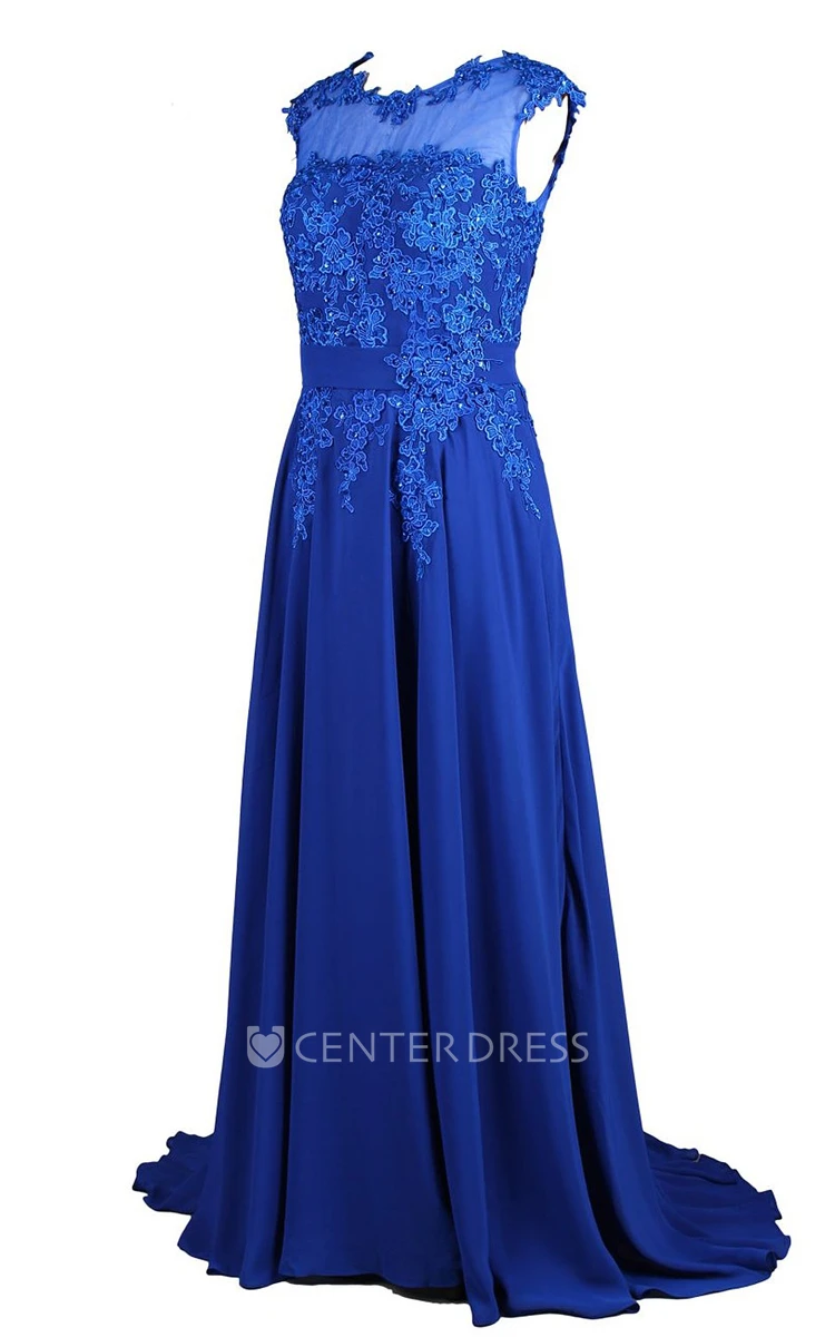 Cap-sleeve Beaded Chiffon A-line Gown With Lace Appliques