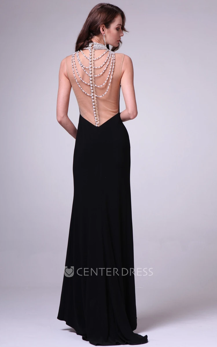 Sheath Maxi High Neck Sleeveless Jersey Illusion Dress With Split Front And Beading