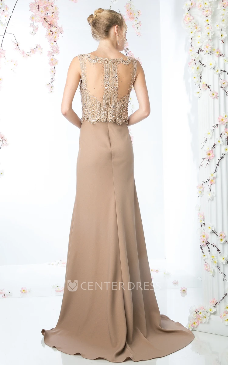 Sheath Long Scoop-Neck Sleeveless Jersey Illusion Dress With Beading And Lace