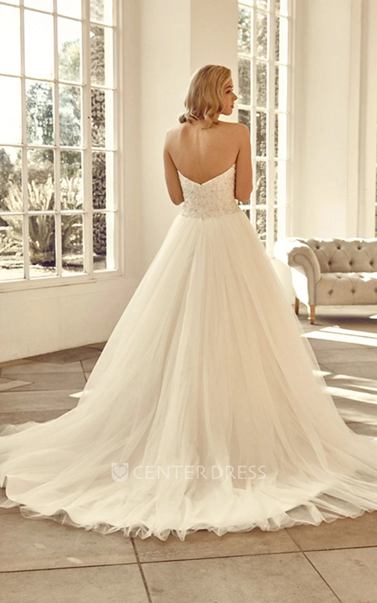 Sweetheart Long Beaded Tulle Wedding Dress With Chapel Train And V Back