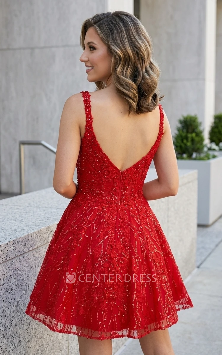 Cute Modern Short A-Line Red Sequins Homecoming Dress with Pockets Adorable Elegant Mini Straps Square Neckline Sleeveless Prom Party Dress