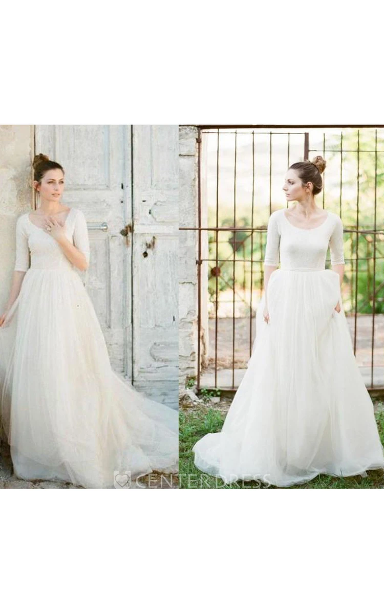 A Line Scoop Lace Tulle Zipper Wedding Gown