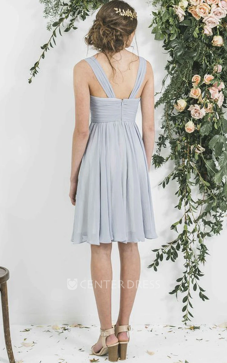 Mini Strapped Pleated Sleeveless Chiffon Bridesmaid Dress