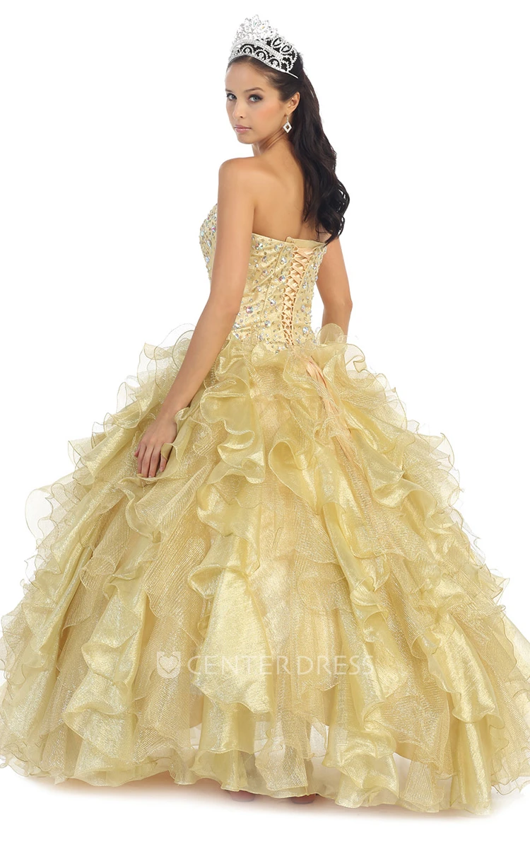 Ball Gown Sweetheart Organza Corset Back Dress With Beading And Cascading Ruffles