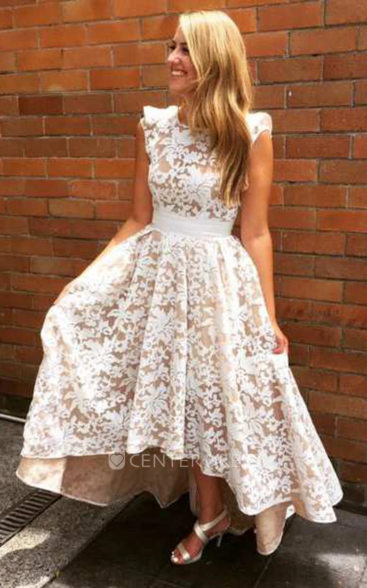 Cap Sleeve High Low Lace Dress With Bandage Waist