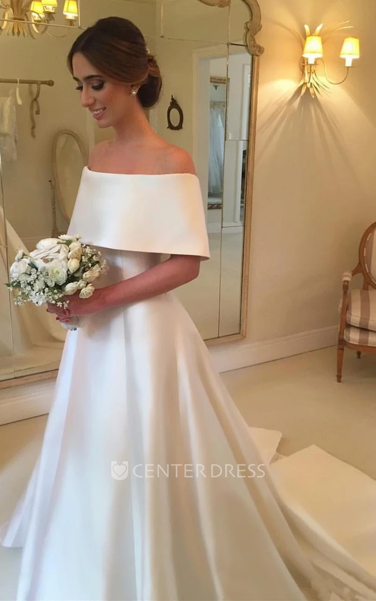 Simple A Line Satin Court Train Wedding Dress with Ruching