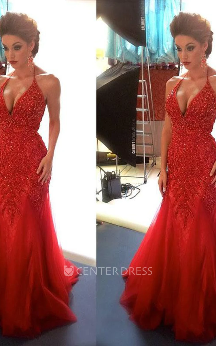 Sexy Beadings Tulle Mermaid Red Evening Dress Spaghetti Strap
