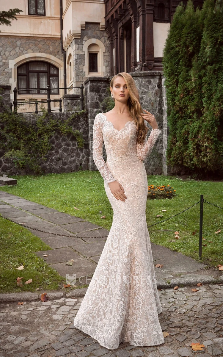 Long-Sleeve Floor-Length V-Neck Lace Plus Size Wedding Dress With Appliques  And Illusion
