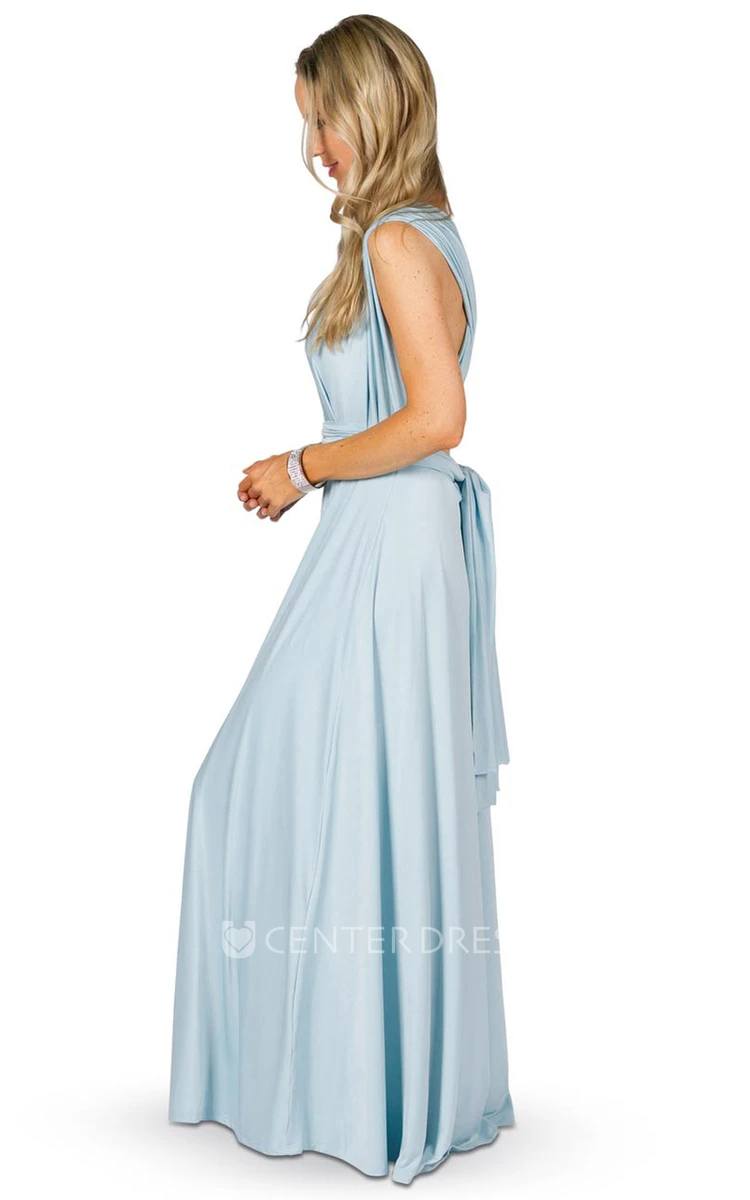 Sleeveless V-Neck Chiffon Convertible Bridesmaid Dress With Ribbon And Straps