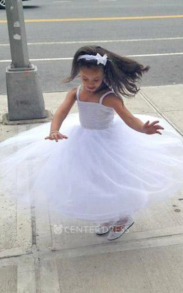 Ankle-Length Spaghetti Criss-Cross Tiered Tulle&Lace Flower Girl Dress With Straps