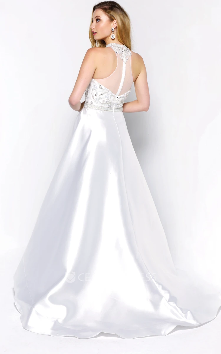A-Line Jewel-Neck Sleeveless Satin Illusion Dress With Beading