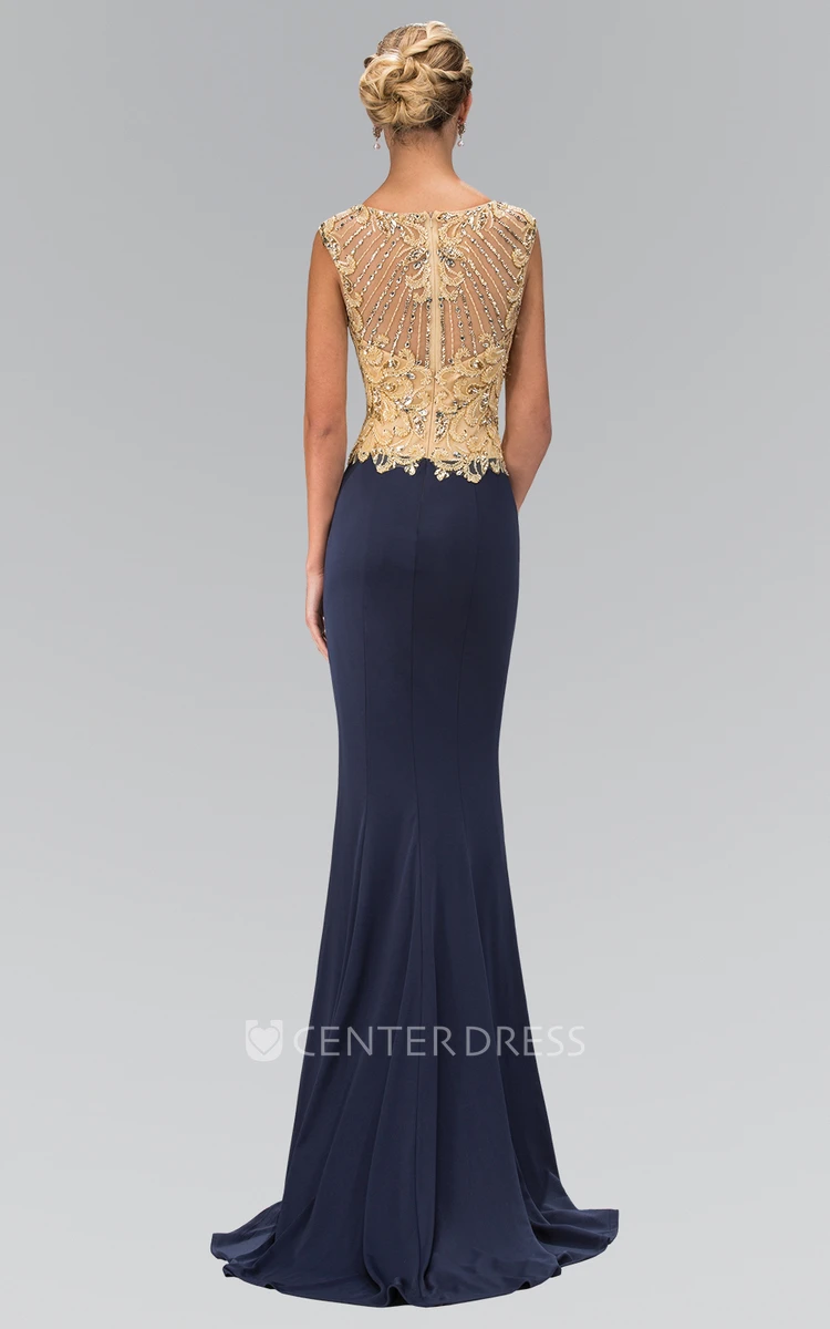 Sheath Scoop-Neck Cap-Sleeve Jersey Illusion Dress With Beading And Appliques