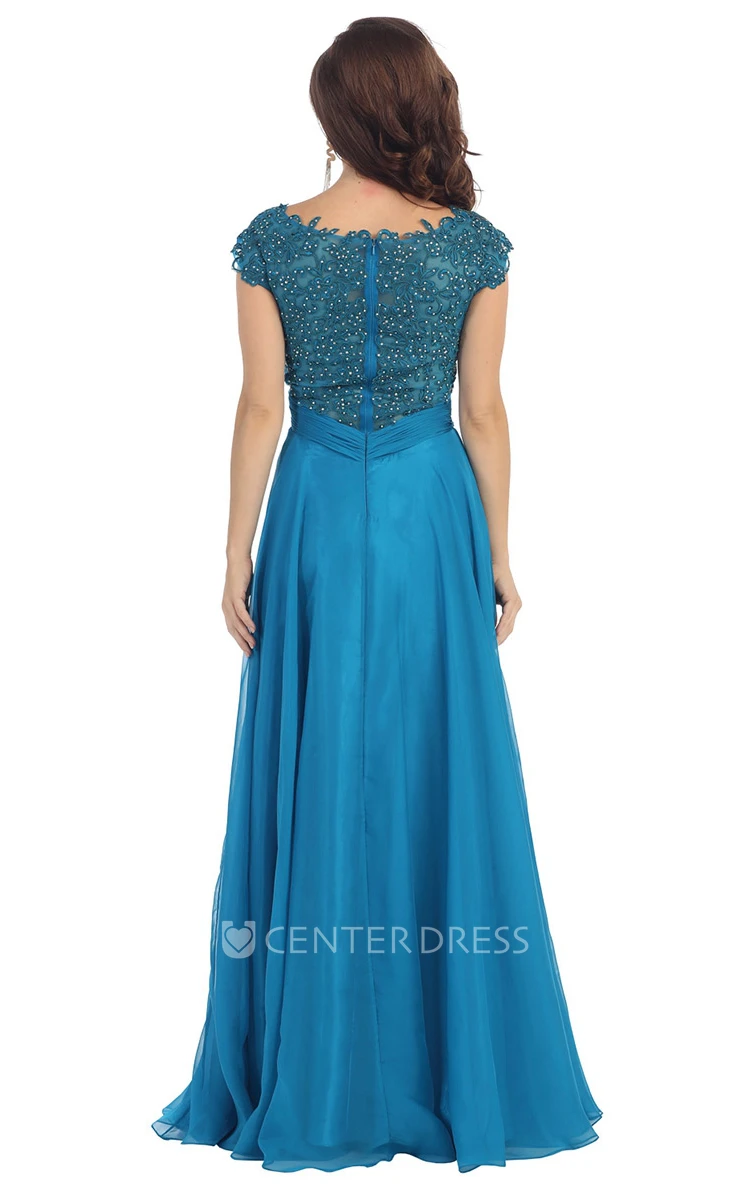 A-Line Long Jewel-Neck Cap-Sleeve Chiffon Illusion Dress With Criss Cross And Embroidery