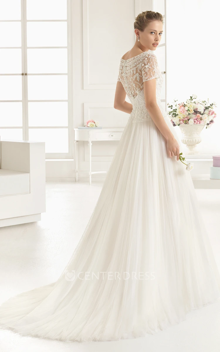 Graceful A-line Dress With Lace Appliqued Illusion Back and Neck