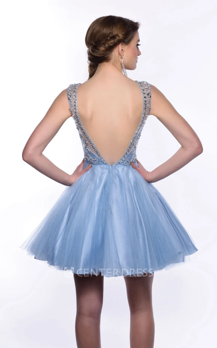 Tulle A-Line Beaded Bodice Homecoming Dress With Deep V-Back