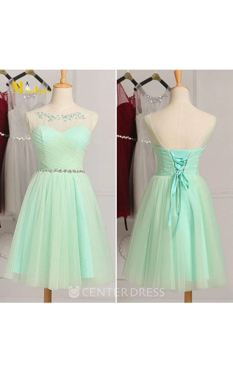 Short A-Line Tulle Sweetheart Illusion Ruched Bodice 