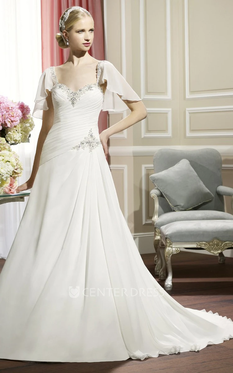A-Line Poet-Sleeve Long Sweetheart Beaded Wedding Dress With Criss Cross And Draping