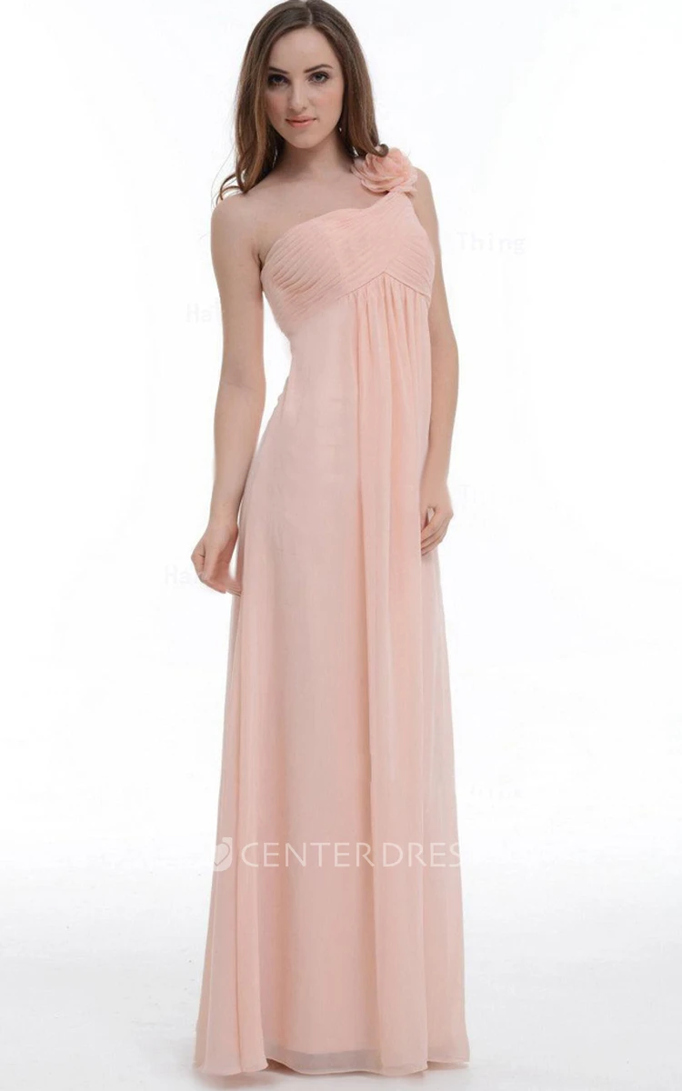 A-line Floor-length One-shoulder Chiffon Dress With Flower&Ruffles