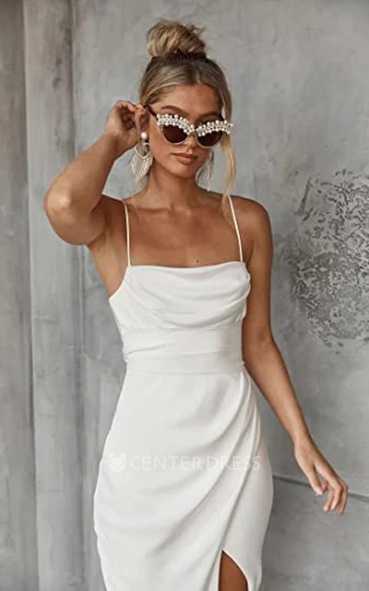 Sexy Beach Satin Spaghetti Sheath Wedding Dress with Long Sleeves and Split Front Modern