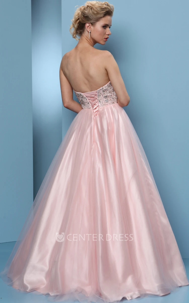 Ball Gown Sweetheart Floor-Length Beaded Sleeveless Tulle&Satin Prom Dress