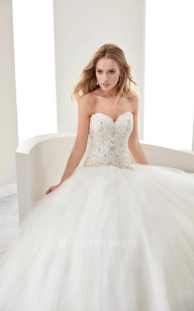 Sweetheart A-line Wedding Dress with Beaded Bodice and Brush Train
