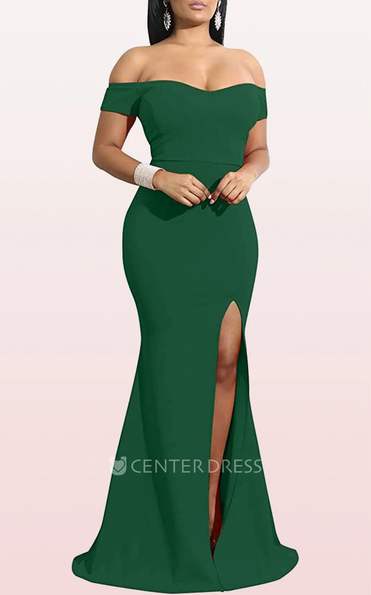 Romantic Mermaid Off-the-shoulder Sleeveless Jersey Evening Formal Dress With Split Front