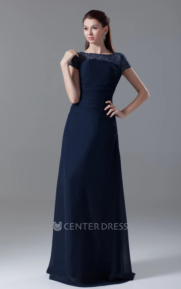 Maxi Bateau-Neck Pleated-Sleeve Dress With Crystal Detailing