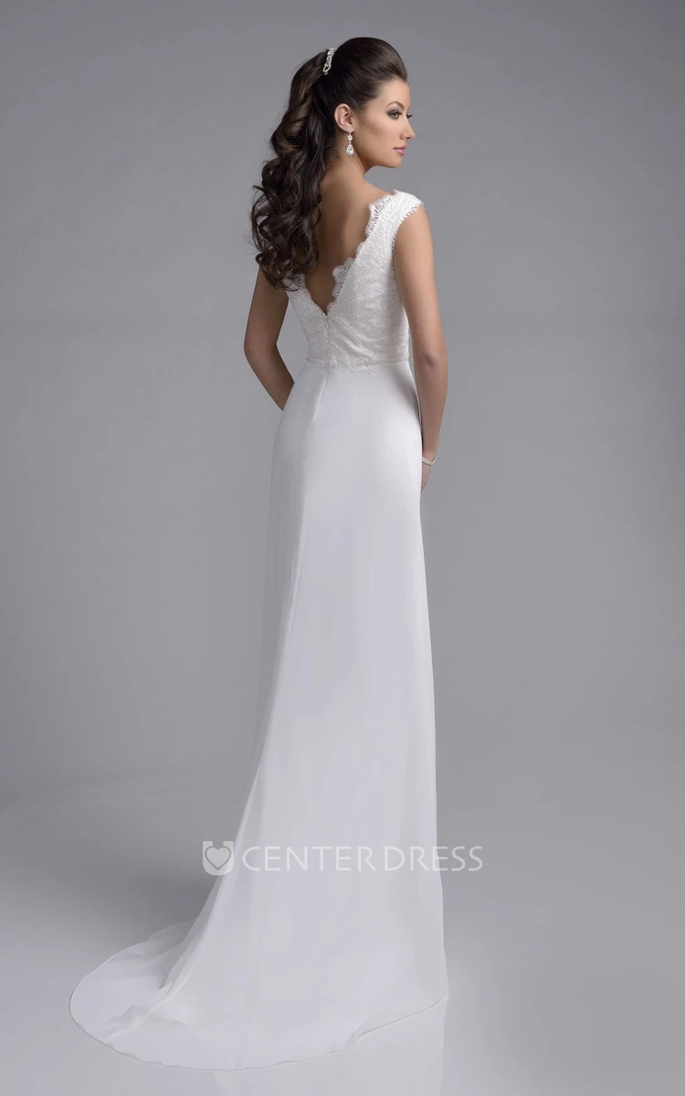 Cap Sleeve V-Neck Lace And Chiffon A-Line Wedding Dress