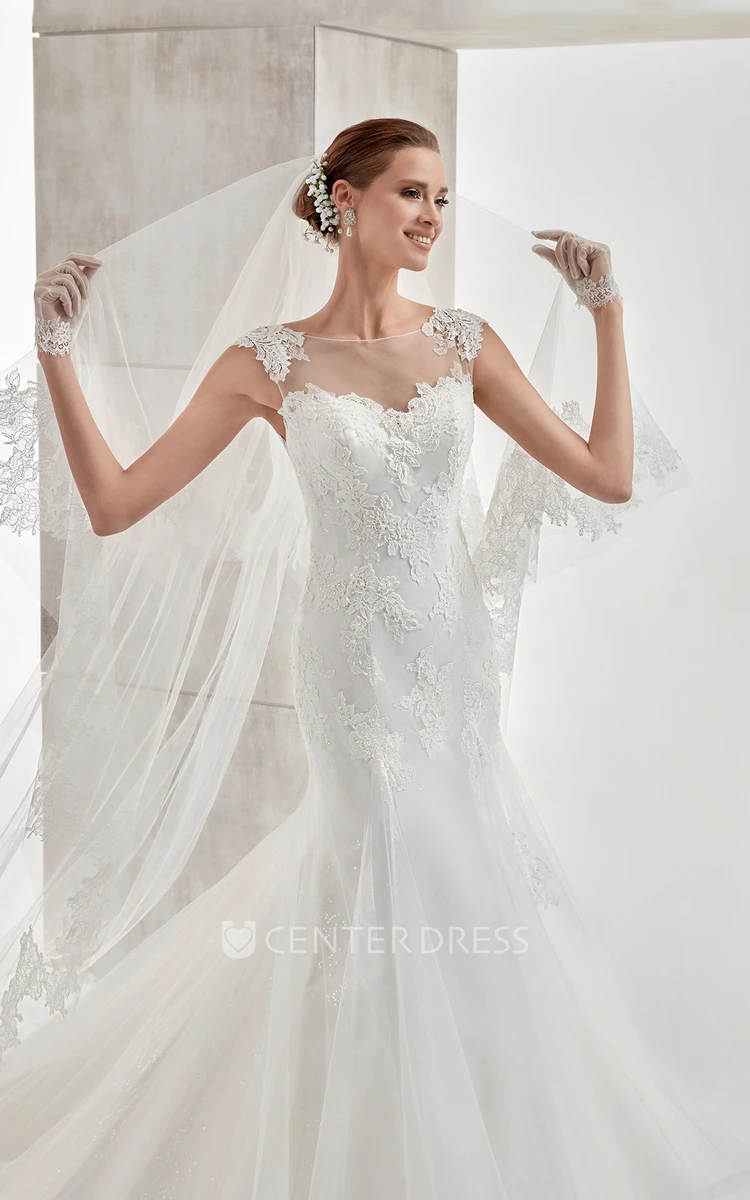 Jewel-neck Cap-sleeve Mermaid Wedding Dress with Appliques and Illusive Design