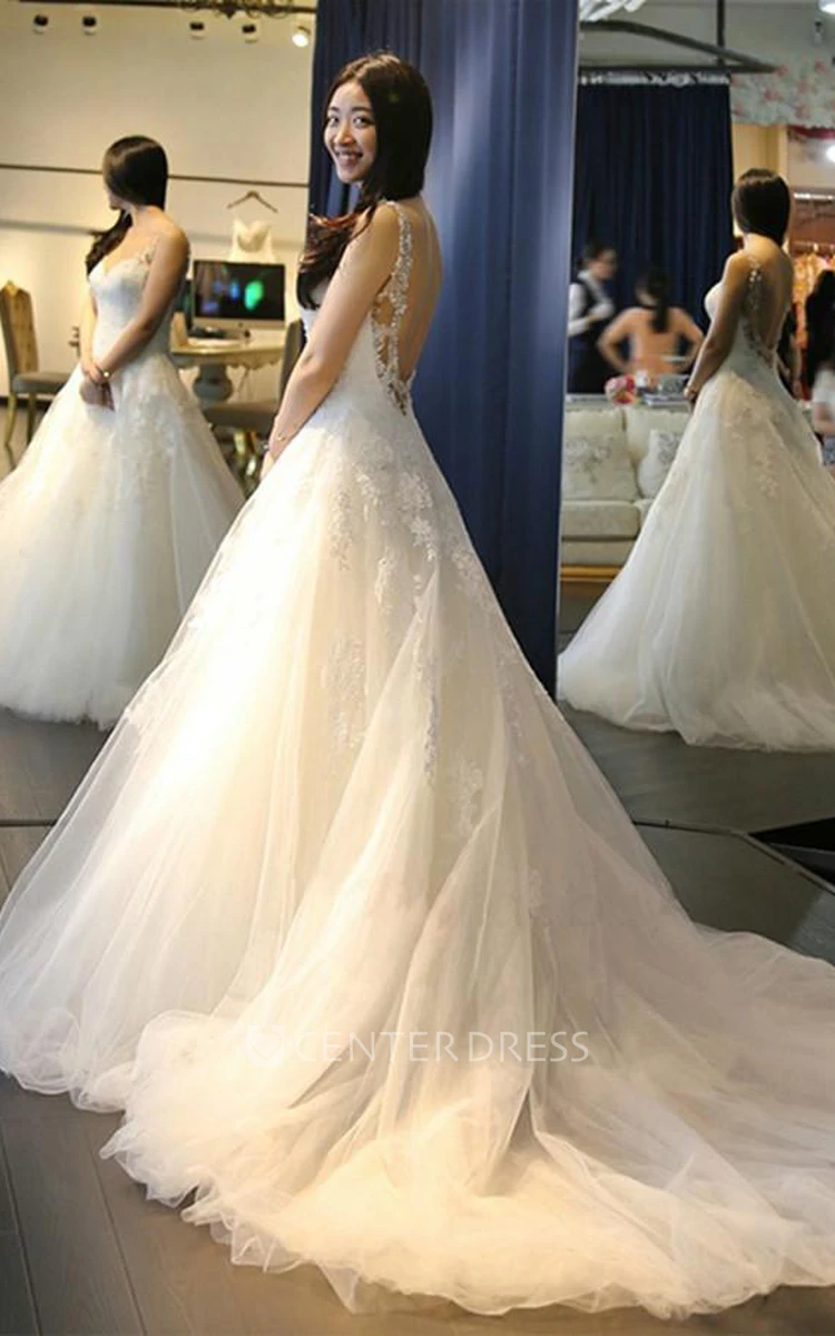Ball Gown Sweetheart Lace Tulle Deep-V Back Wedding Dress