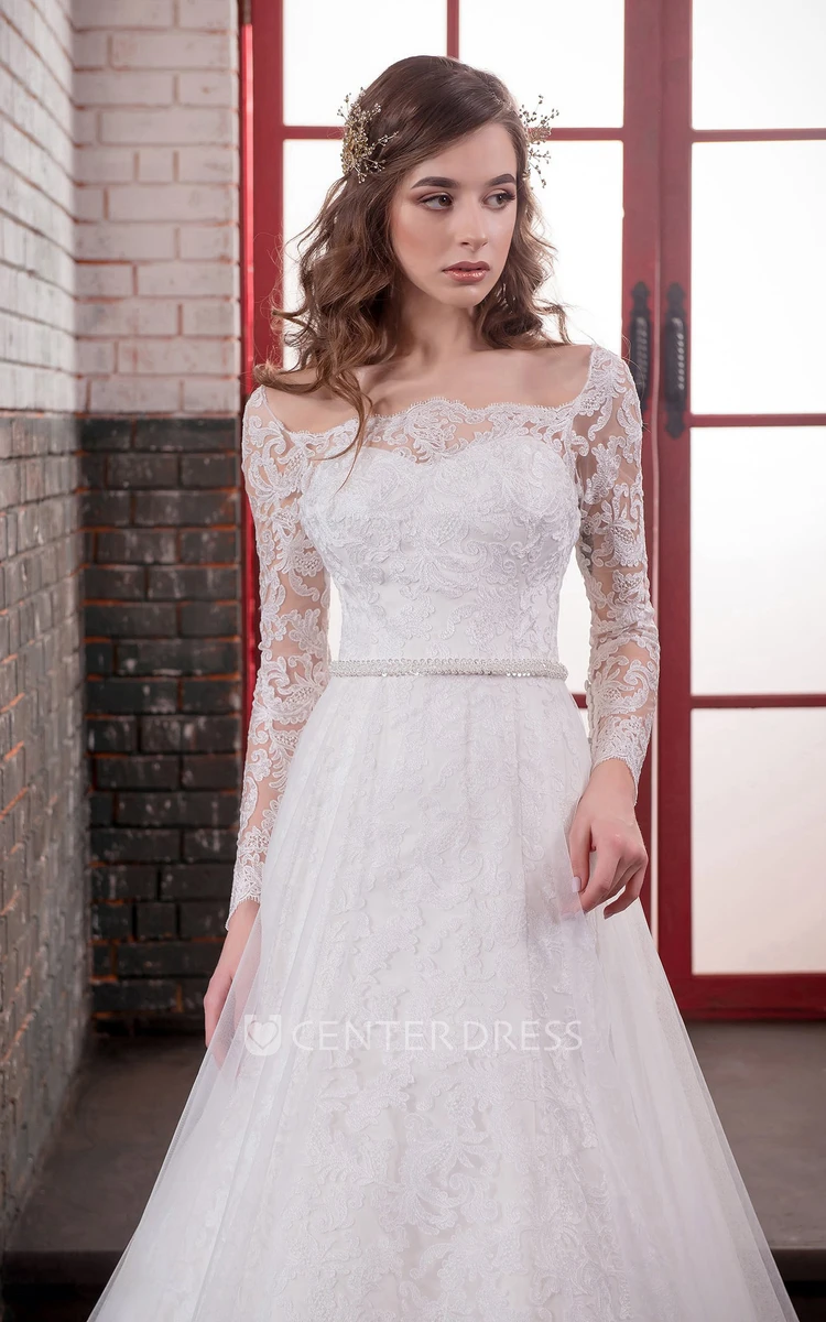 A-Line Long Bateau Long-Sleeve Lace-Up Lace Tulle Dress With Appliques And Waist Jewellery