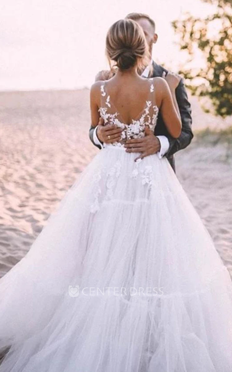 Casual V-neck Lace Tulle Floor-length Sleeveless Ball Gown Wedding Dress with Appliques