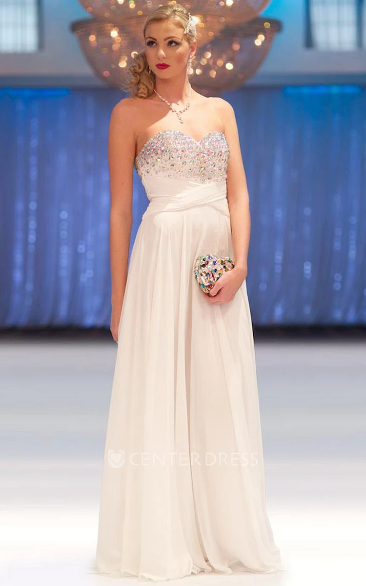 A-Line Floor-Length Sleeveless Beaded Sweetheart Chiffon Prom Dress With Pleats