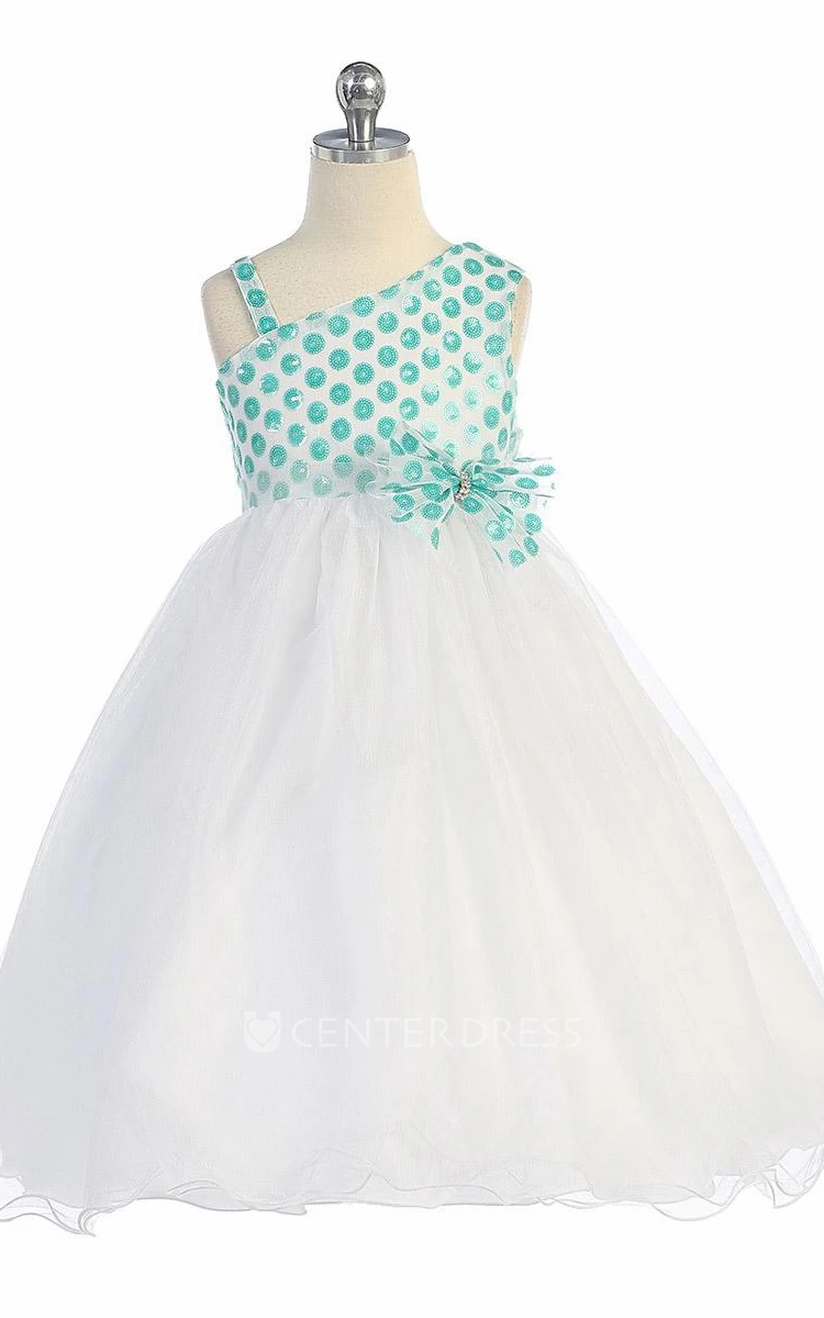 One-Shoulder Tea-Length Bowed Tulle&Sequins Flower Girl Dress With Tiers