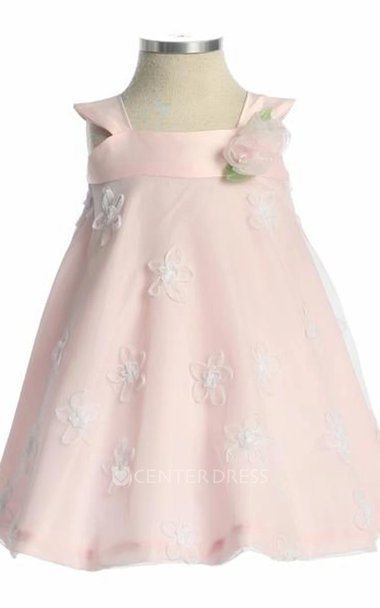 Tea-Length Embroideried Tiered Organza&Charmeuse Flower Girl Dress