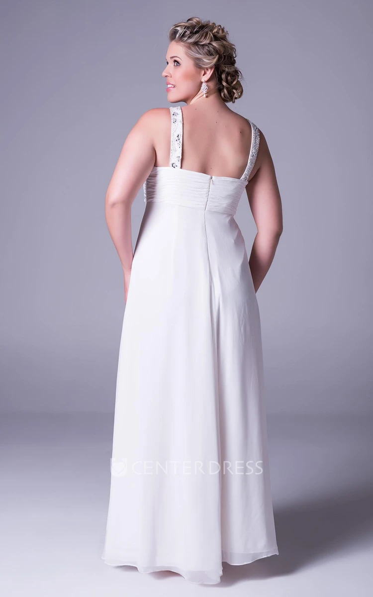 Strapped Ruched Sleeveless Chiffon Plus Size Wedding Dress With Beading And Zipper