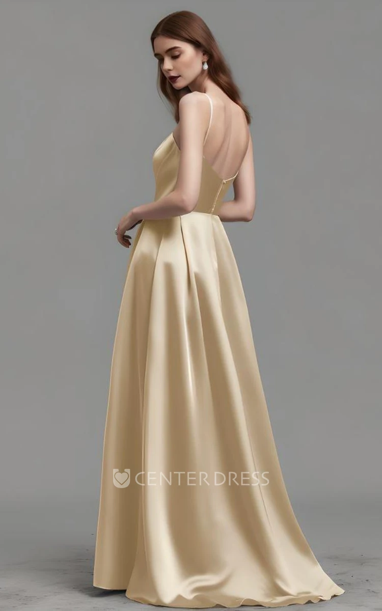 Simple Satin A Line Evening Dress with Spaghetti Straps Casual and Ethereal with Open Back