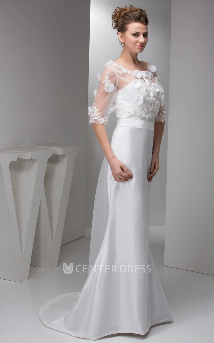 Floral Half-Sleeve Satin Mermaid Dress with Illusion Top