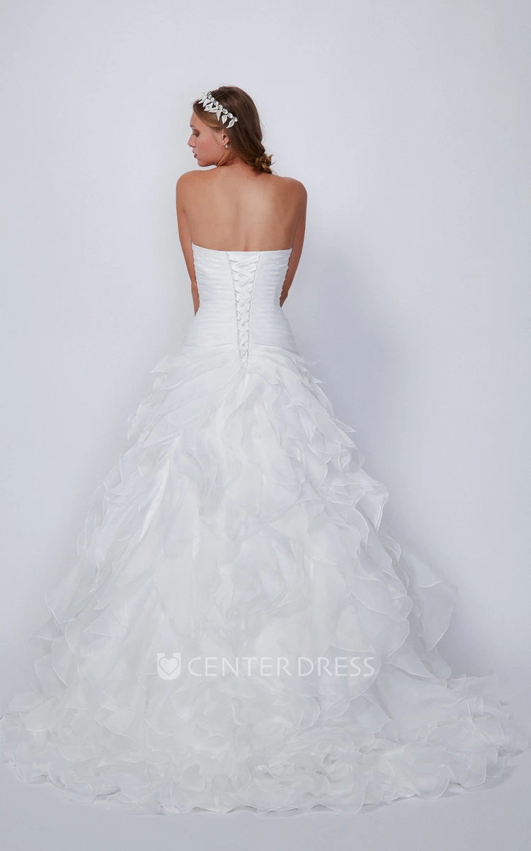 A-Line Long Strapless Sleeveless Ruched Organza Wedding Dress With Cascading Ruffles