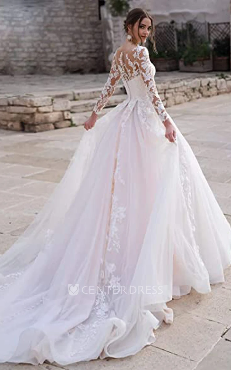 Elegant Lace A-Line Wedding Dress with Plunging Neckline and Illusion Sleeves Beach Wedding Dress