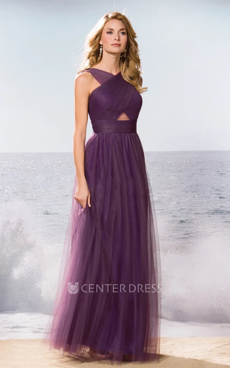 Sleeveless Tulle Gown With Pleats And Keyhole