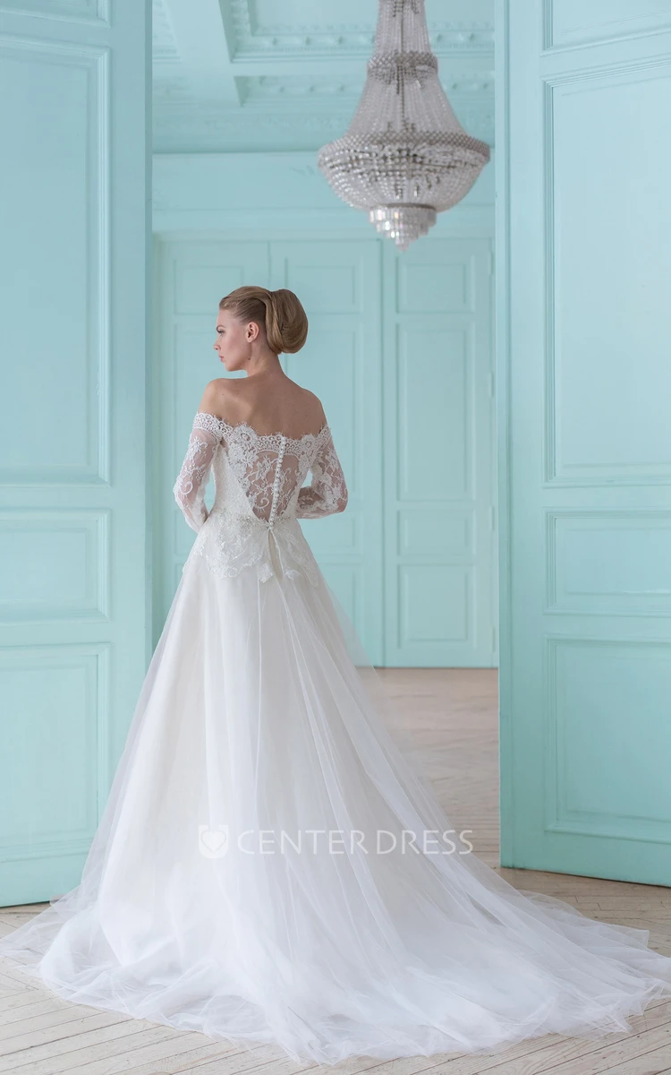 Ball Gown Off-The-Shoulder Maxi Long-Sleeve Tulle Wedding Dress With Appliques And Illusion