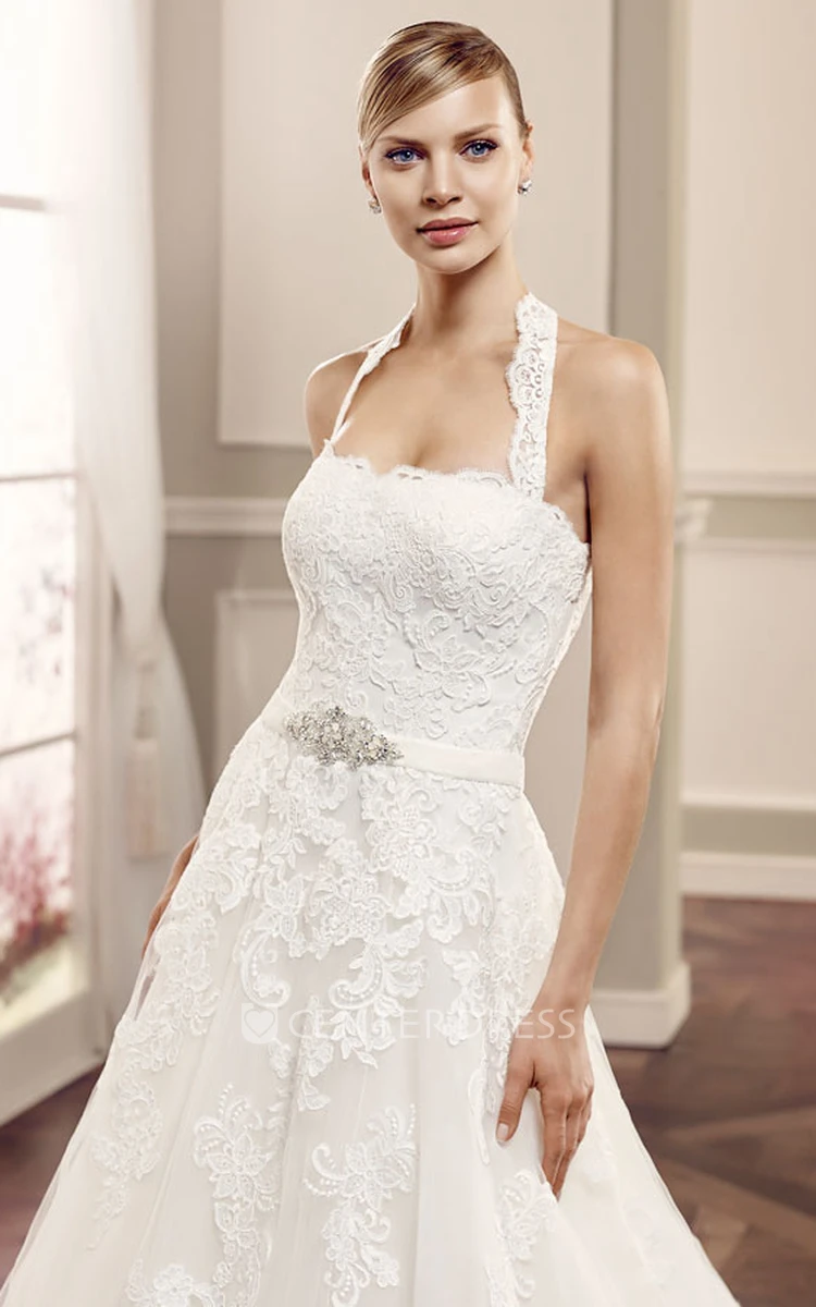 Ball-Gown Sleeveless Floor-Length Halter Appliqued Lace Wedding Dress With Waist Jewellery