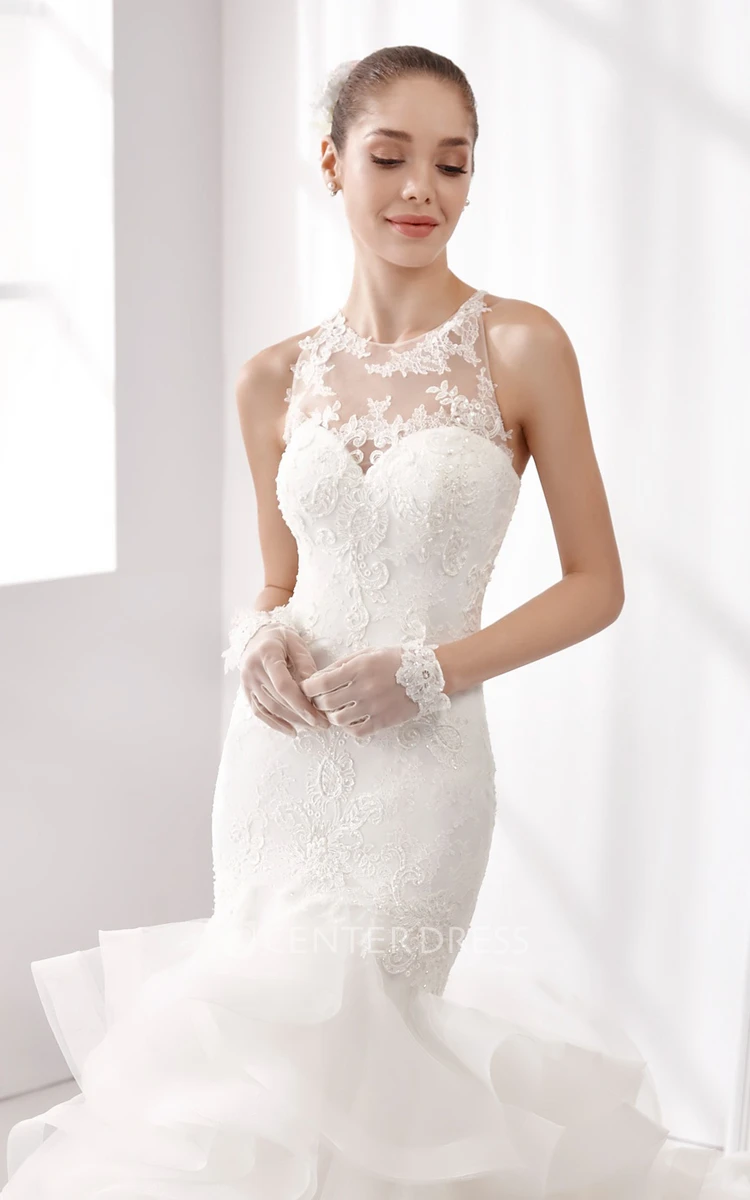 Jewel-Neck Mermaid Lace Gown With Illusive Neckline And Ruching Train