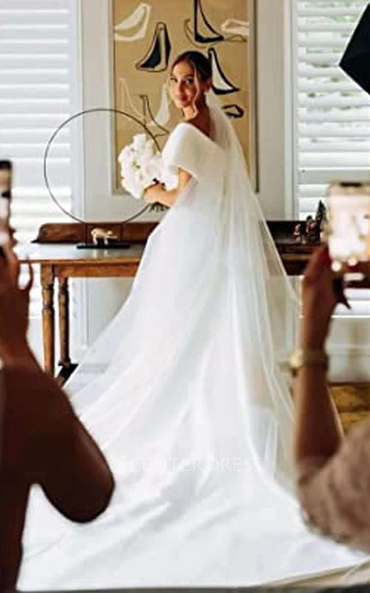 Casual Satin A-Line Wedding Dress with Off-the-shoulder and Short Sleeves