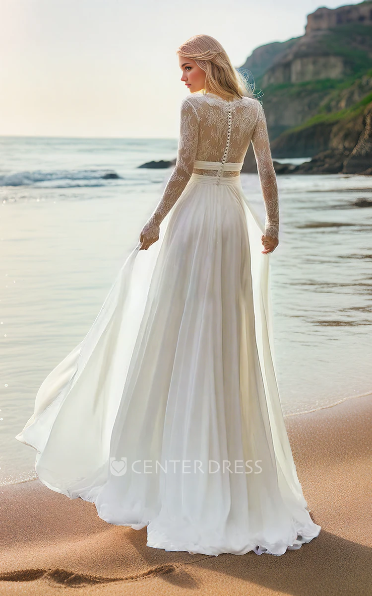 Long Sleeve Lace Plunging V-neck Pleated Bohemian A-Line Floor-length Wedding Dress Gown