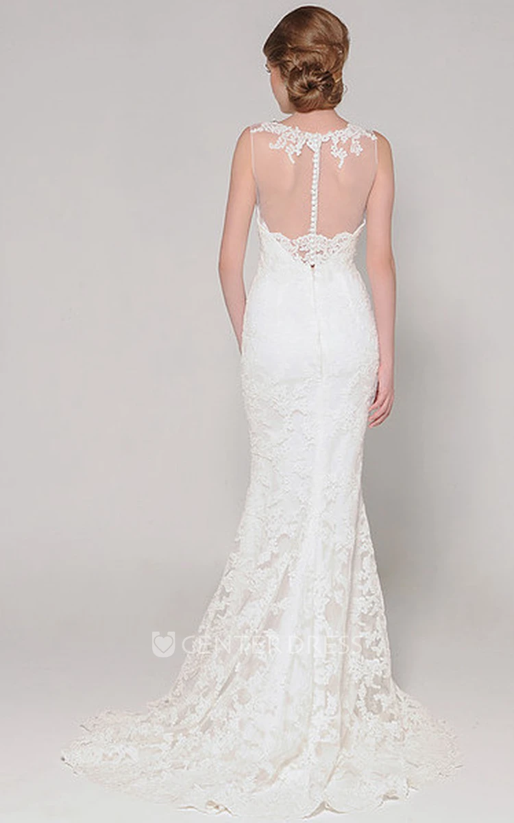 Trumpet Jewel-Neck Floor-Length Sleeveless Lace Wedding Dress With Appliques And Illusion