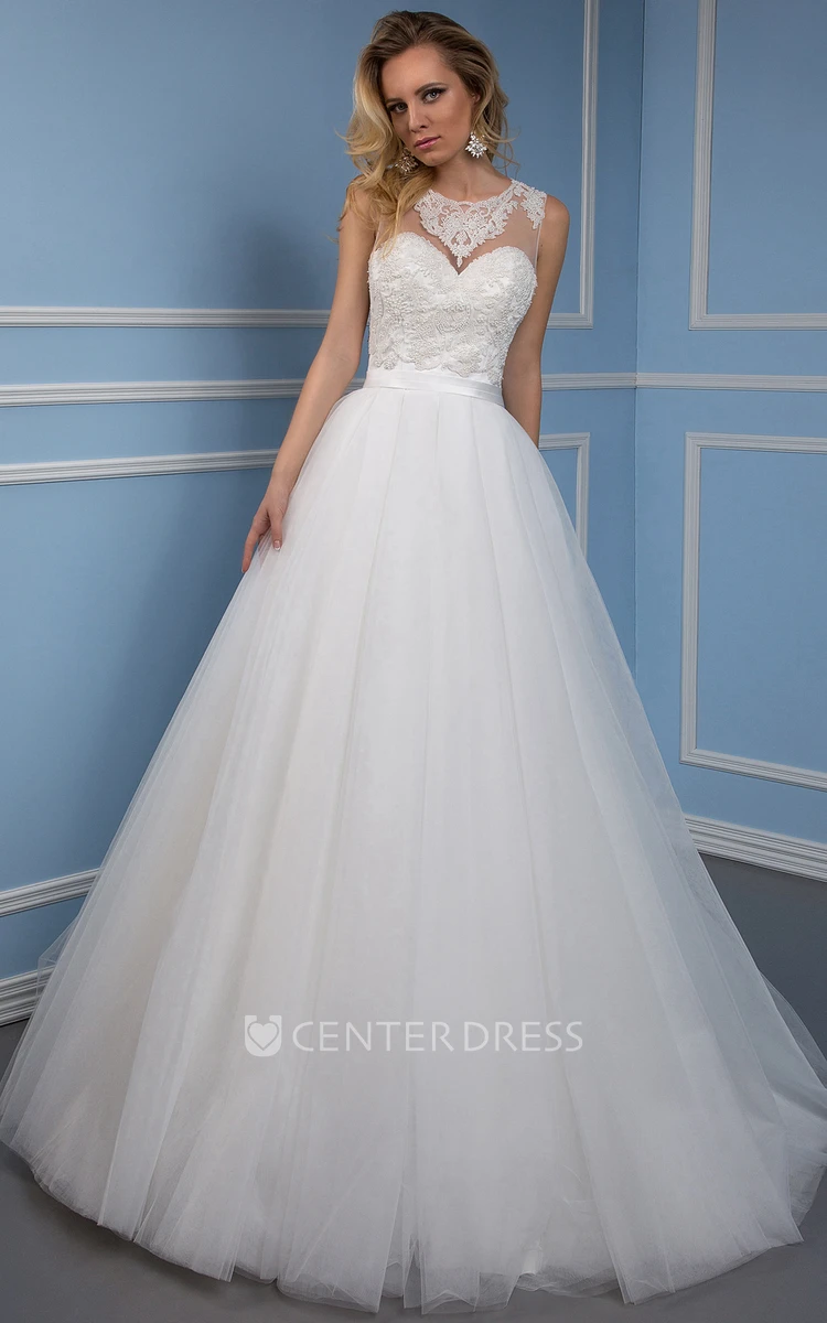 Ball-Gown Scoop Sleeveless Appliqued Maxi Tulle Wedding Dress